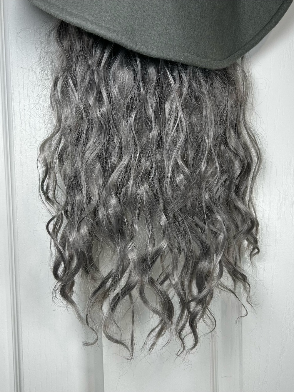 Gray Witch Hat with Attached Long Curly Gray Wig, One Size Halloween - Picture 3 of 4